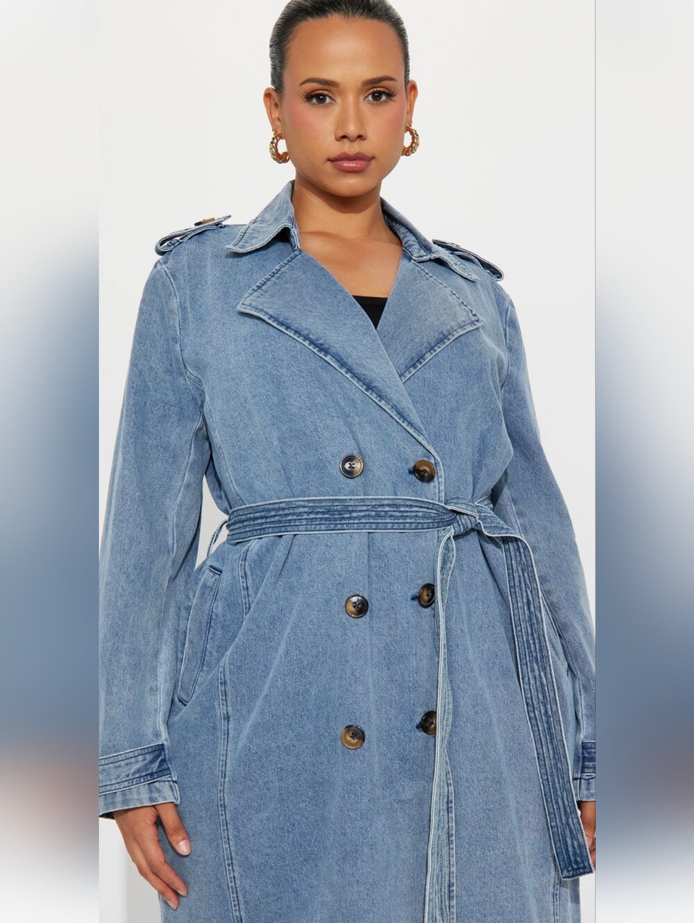 Fashion Nova Take You There Denim Belted Trench Coat Size XL NWT Medium Wash - Picture 6 of 12